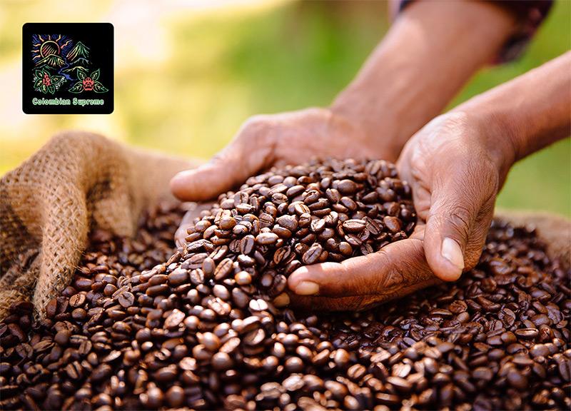 Someone's hands scooping up coffee beans