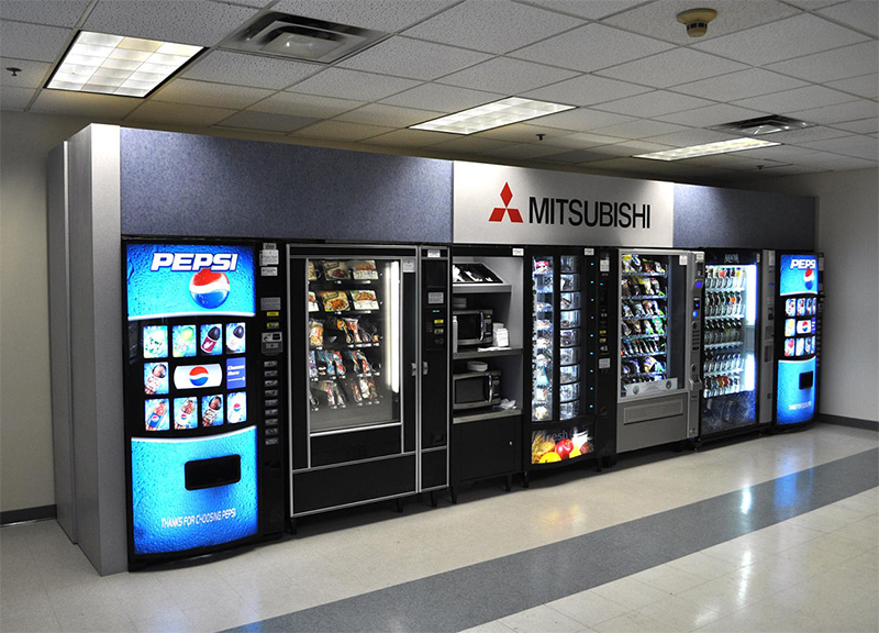 Full line vending machines next to each other from office coffee, vending machine and drink machine