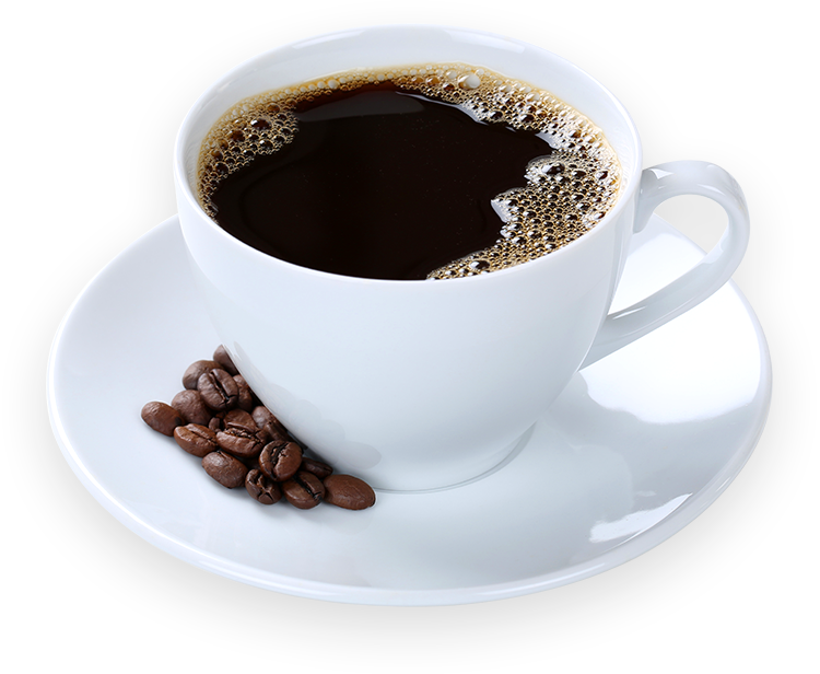 A white mug with coffee inside on a small plate next to coffee beans